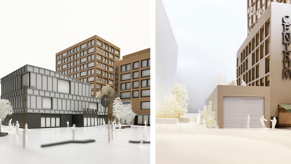 Två bilder som visar 1: Torget vid Sätra Centrum med biljetthallen i fokus. 2: Del av torget som visar en garageport och öppna ytor på torget. Illustration